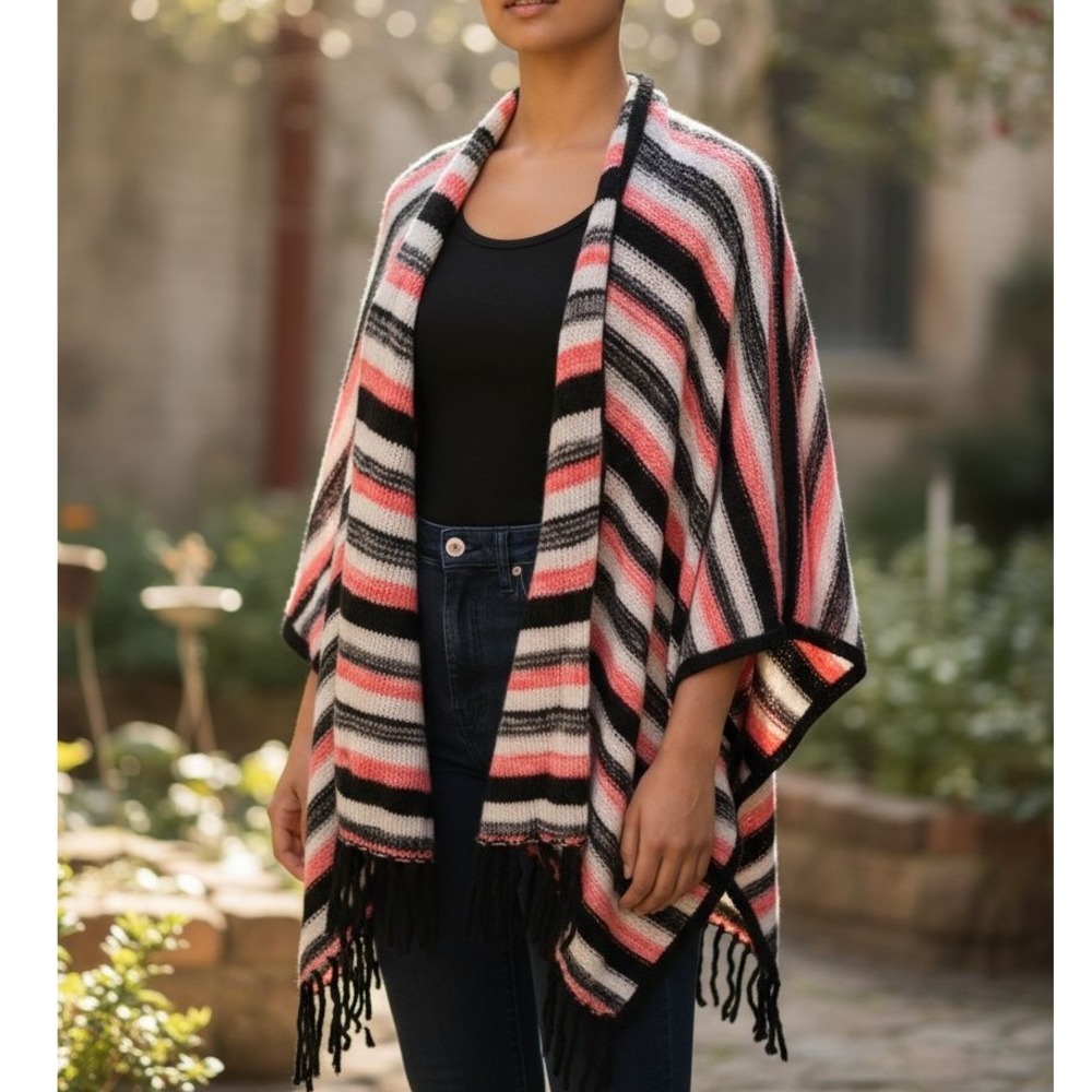 Cardigan Shawl Poncho Oversized striped loose knit has button for closure